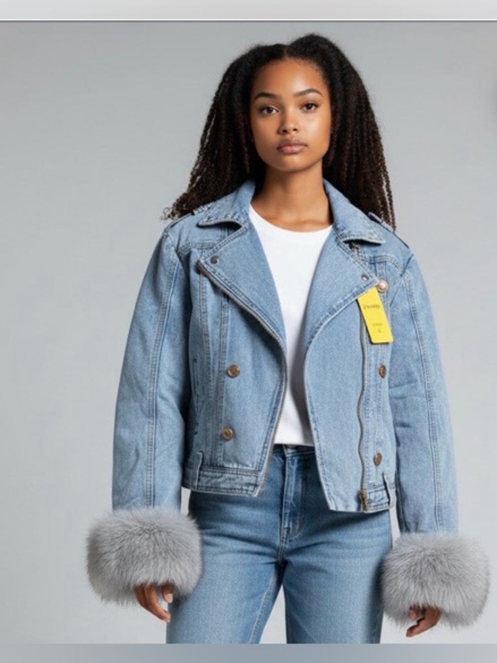 Denim Crop fur lined jacket with faux fur cuffs size small